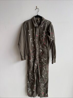 Free People Olive Green Painter-Style Jumpsuit with White & Pink Splatter